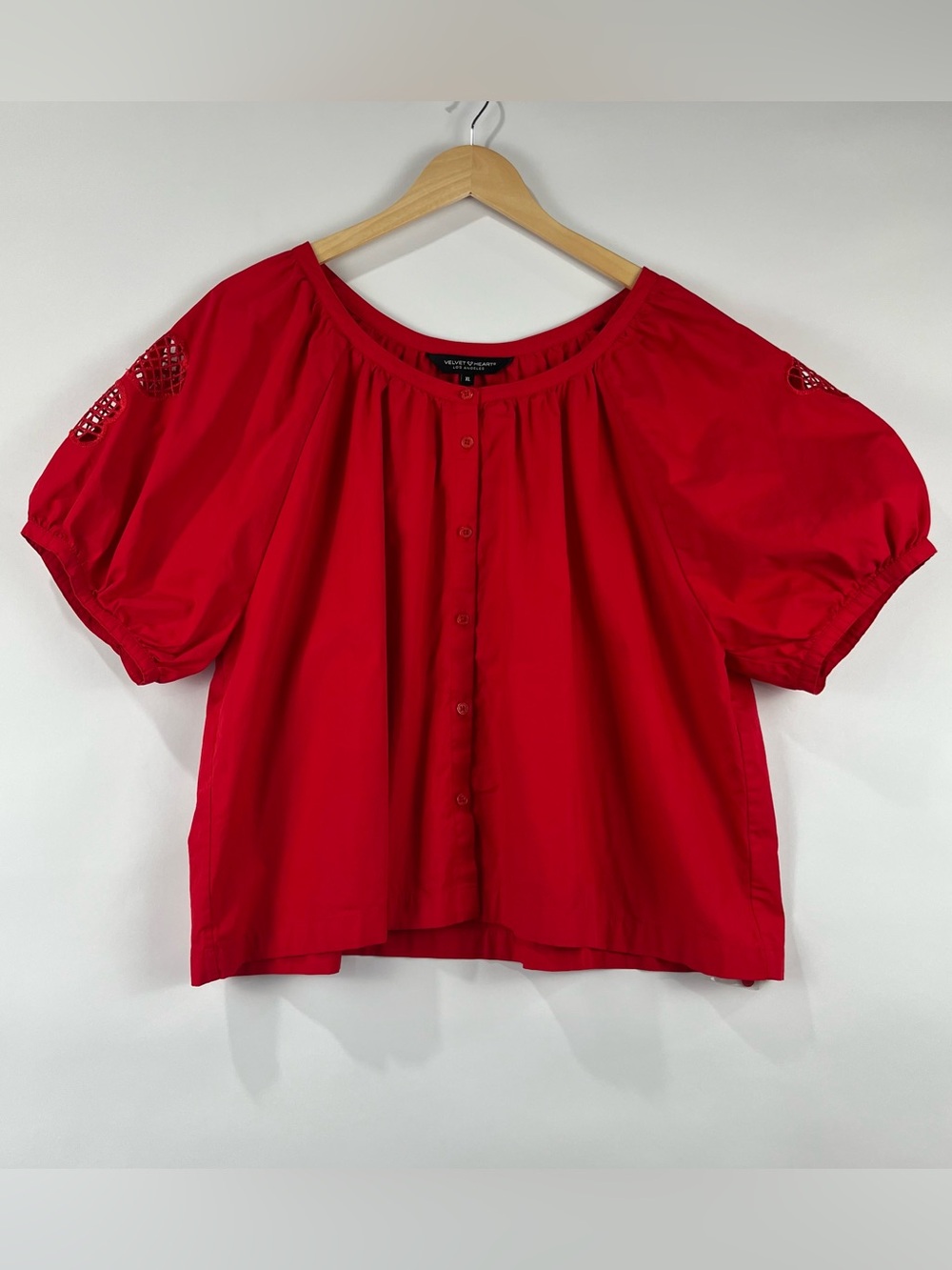 Velvet Heart XL 100% Cotton Embroidered Puff Sleeve Button Down Blouse NWOT